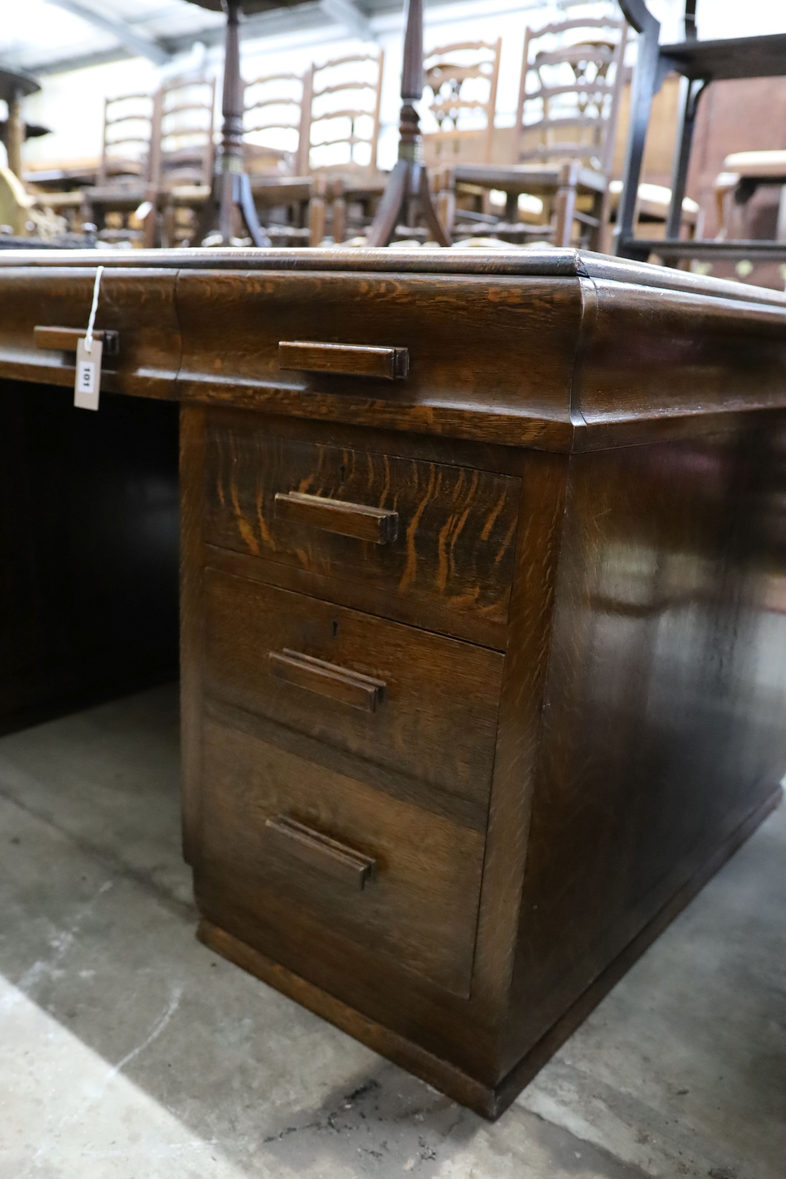 An early 20th century oak pedestal desk, length 152cm, depth 90cm, height 78cm